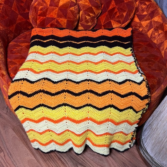 Vintage Other - Vintage 1970s Orange Brown Chevron Zigzag Afghan Throw Blanket Boho MCM 68”x48”